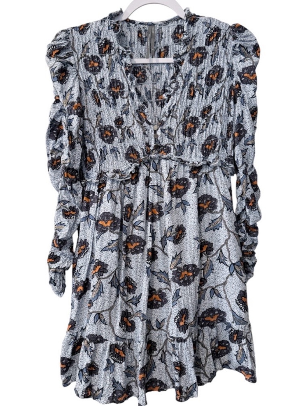 Anthropologie women’s SP long sleeve V-neck multicolored blue floral mini dress